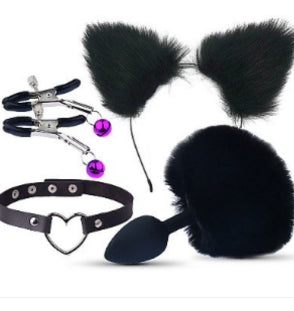 Kit - Rabo de Coelho com Tiara de Orelhas - Grampos para os seios em Metal e Gargantilha