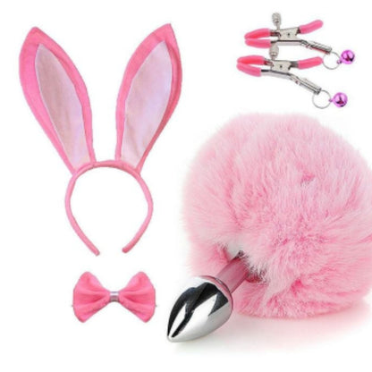 Kit Coelha Plug Tiara Grampos Seios Gravatinha